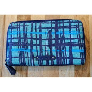 Vera Bradley‎ Wallet Art Plaid Vinyl Navy Teal Zip Closure Beach Travel Modern